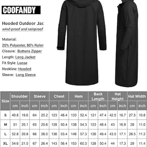 Men's Rain Jacket with Hood Waterproof‎ Lightweight Active Long Raincoat - Picture 5 of 6
